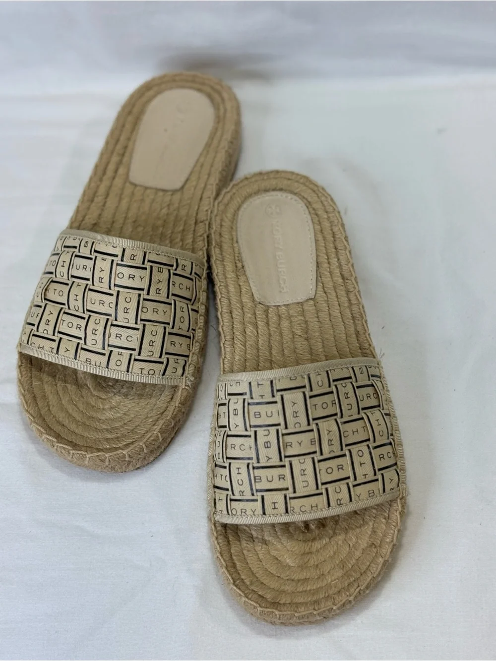 Tory Burch Tan Logo-Print Woven Espadrille Slide Sandals SZ 7.5 VGC $265